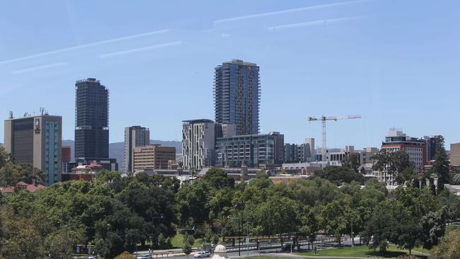 Adelaide’s tallest building The Adelaidean, left, and equal second-tallest building Realm Adelaide, viewed from Adelaide Oval. Picture: Emma Brasier