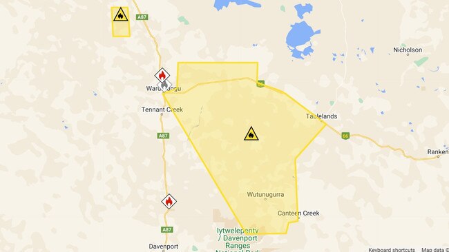 The main fire in the Barkly region has burnt more than 9300sq km, while there are several other smaller fires burning simultaneously around the region. Picture: NT Incident Map, 10am Sunday