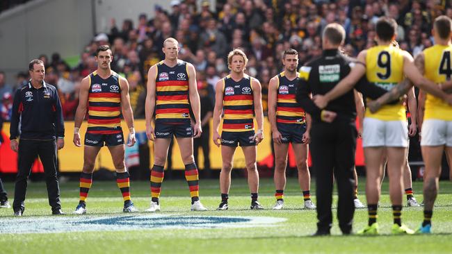 The Crows’ infamous power stance from before the 2017 AFL Grand Final. Picture: Phil Hillyard