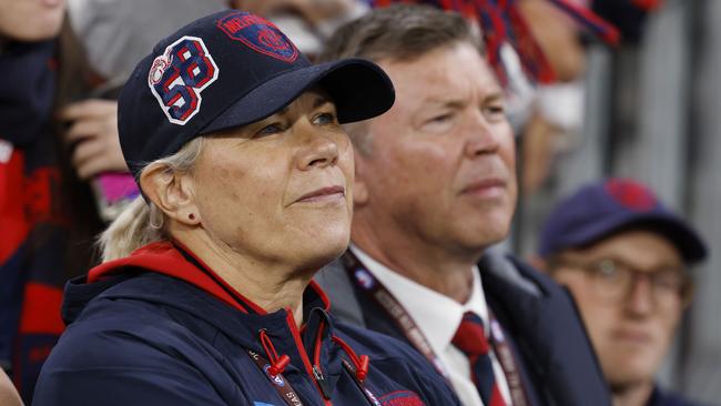 MELBOURNE, AUSTRALIA. May 26, 2024. Round 11. Melbourne vs St Kilda at the MCG. Melbourne president Kate Roffey and CEO Gary Pert. Pic: Michael Klein