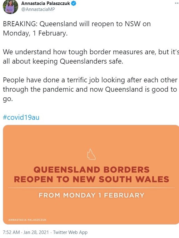 Premier Annastacia Palaszczuk announced border checkpoints would come down on Monday, February 1.