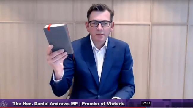 Mr Andrews swears in before giving evidence at the hotel quarantine inquiry. Picture: Supplied