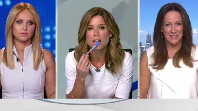 Amber Sherlock berates newsreader Julie Snook for wearing white. Picture: Channel 9