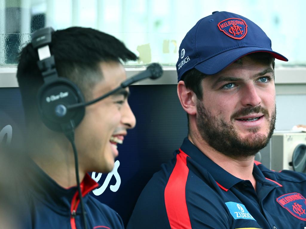 MELBOURNE, AUSTRALIA – MARCH 17: Angus Brayshaw of the Demons sits on the bench during the round one Demons AFL match between Melbourne Demons and Western Bulldogs at Melbourne Cricket Ground, on March 17, 2024, in Melbourne, Australia. (Photo by Quinn Rooney/Getty Images)