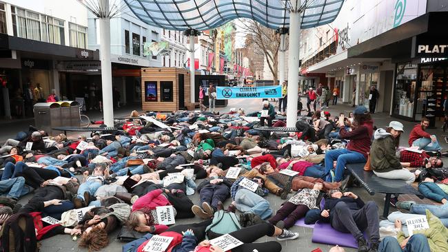 Climate change protesters Extinction Rebellion staging a mass 'die-in' in the Elizabeth Street Mall, Hobart. Picture: NIKKI DAVIS-JONES