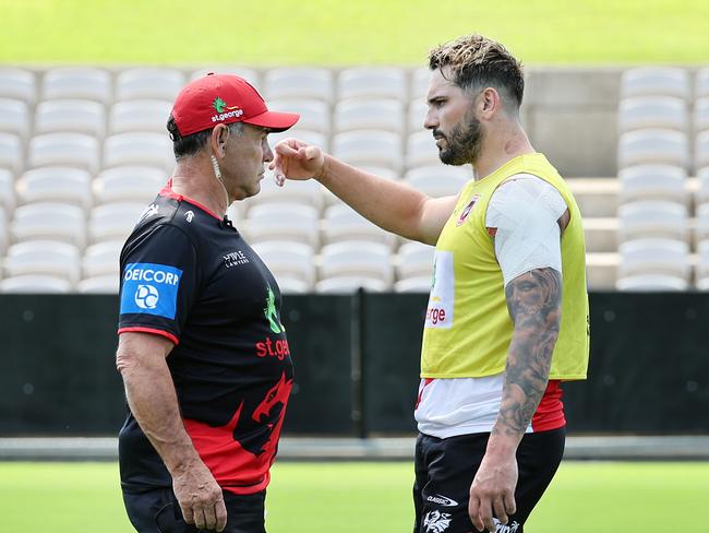 St George NRL head coach Shane Flanagan (L) is still uncertain where he will deploy Jack Bird (R) in 2024. Picture: Richard Dobson