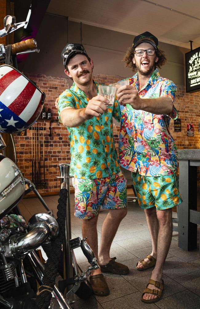 Regulars Bill McGee (left) and Aiden Magaina get behind the tropical theme of Bone Idol's first birthday party, Saturday, November 9, 2024. Picture: Kevin Farmer