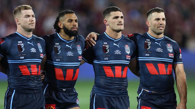 (L-R) Hudson Young, Josh Addo-Carr, Nathan Cleary and James Tedesco wearing the unpopular dark blue version of the NSW jersey. Picture: Getty Images