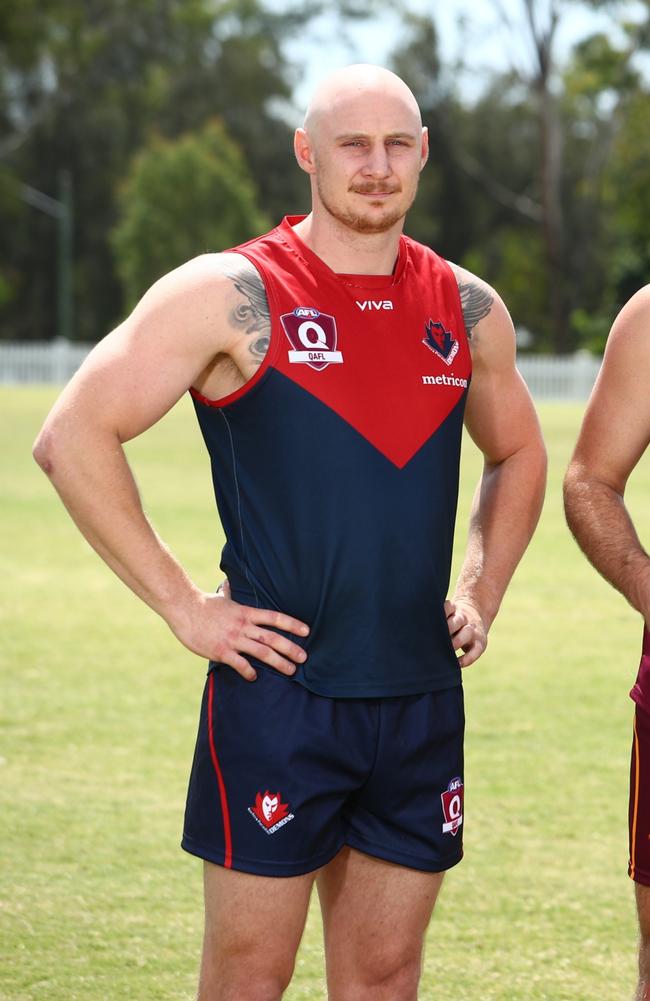 The captains of the Gold Coast QAFL teams. (From left) Brody Haberfield (Surfers Paradise), Tom Thynne (Palm Beach Currumbin), Josh Searl (Broadbeach) Matt Lee (vice-captain, Labrador). Picture: Chris Hyde/AFL Photos.