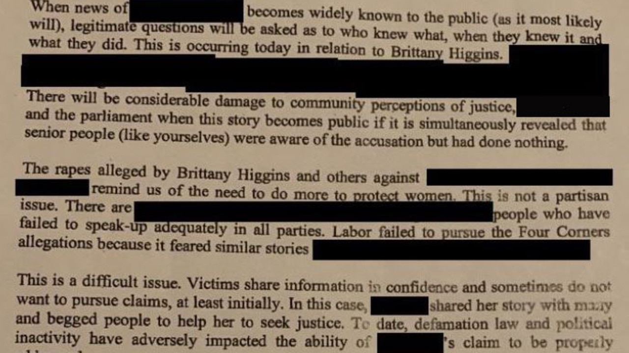 The anonymous letter sent to Prime Minister Scott Morrison was penned by 'friends' of a dead woman who was allegedly raped by a Minister. Picture: Supplied