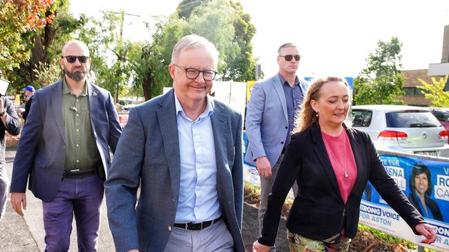 Prime Minister, Anthony Albanese with Labor candidate for Aston, Mary Doyle, at Bayswater Primary School polling booth. Picture: NCA NewsWire / Luis Ascui