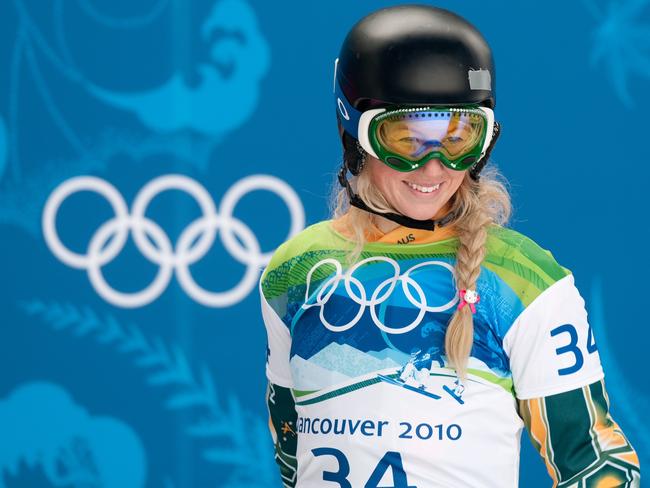 Steph at the start gate prior to her first qualification run in the women's snowboardcross event in 2010.