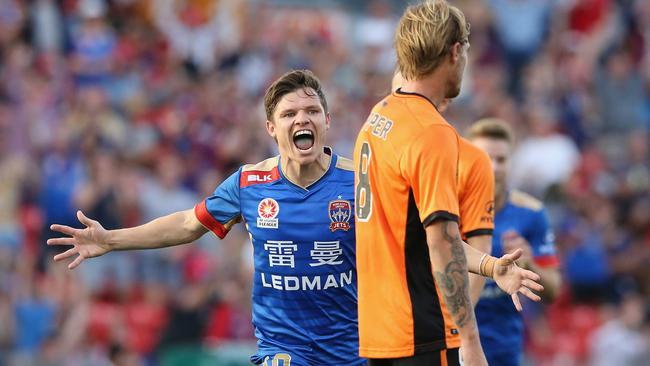 Newcastle Jets won by a record margin over Brisbane Roar in the A-League.