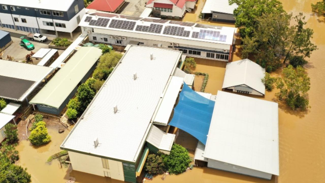 An aerial shot of One Mile School at the peak of the flood on Sunday, February 27, 2022 taken by Infinity Flights Photography.