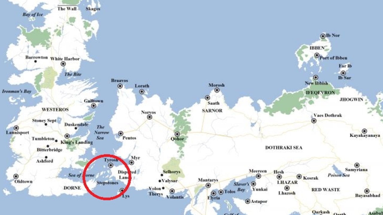 Geography lesson! The Stepstones are circled here. That’s Westeros on the left and Essos on the right.