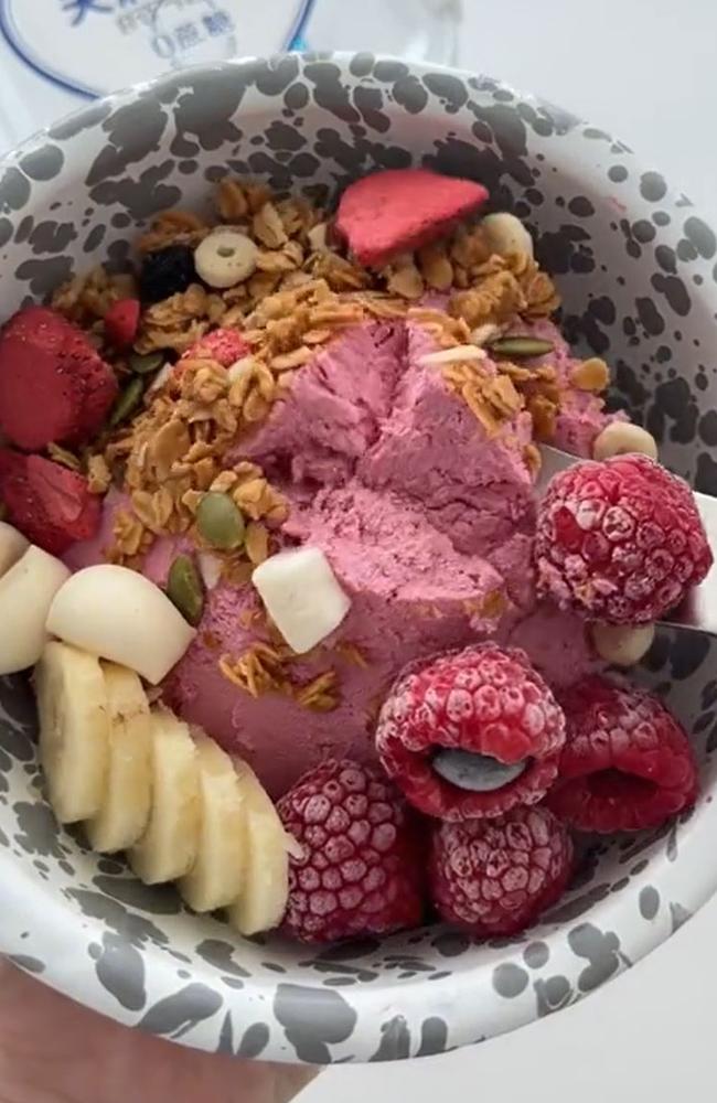 Foodies have loaded up their dry yoghurt bowls with various toppings like fruit, nuts and granola. Picture: TikTok