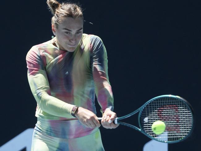 Aryna Sabalenka takes part in a practice session ahead of the women’s final on Saturday night Picture: AFP