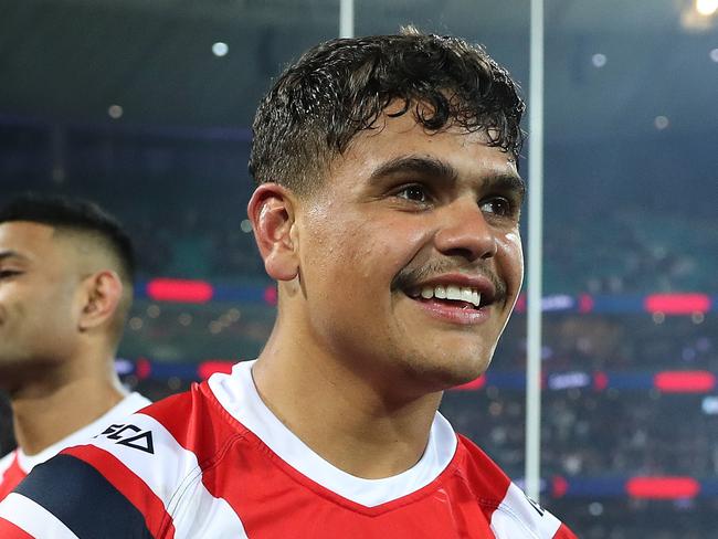 Roosters Latrell Mitchell celebrates victory at full time after  the Sydney Roosters v Melbourne Storm NRL Preliminary Final at the SCG. Picture: Brett Costello