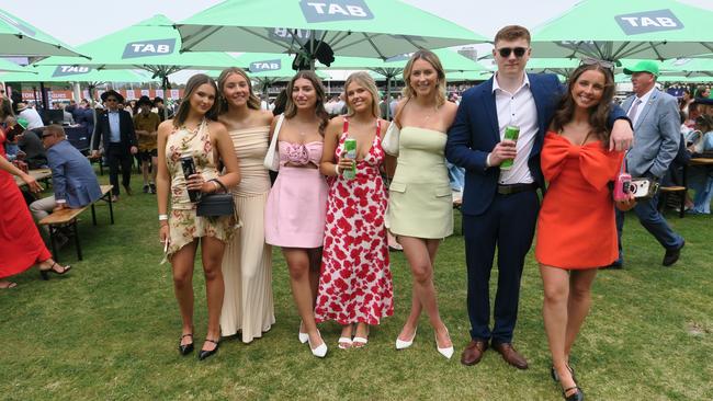 Jemma, Sally, Pippa, Jaime, Dan, Maddy and Tara at Seppelt Wines Stakes Day 2024 at Flemington Racecourse. Picture: Gemma Scerri