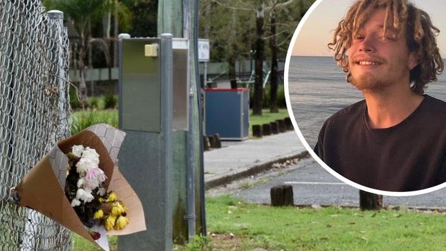 Friends of Jackson Stacker (inset) have left flowers at the Sleepy Hollow's rest area on the Pacific Highway after his body was found nearby on August 25, 2021. Picture: Javier Encalada