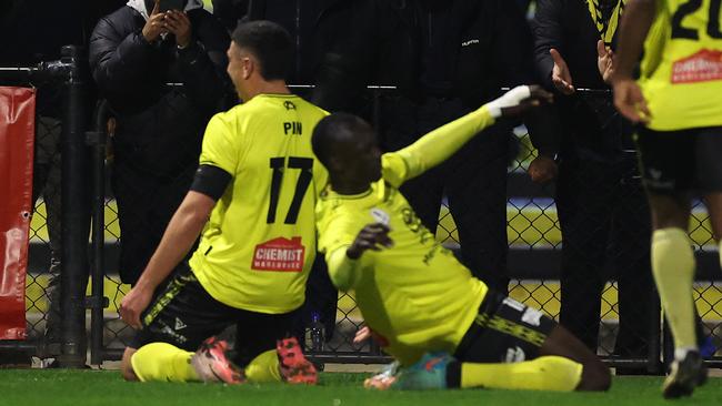 Josh Pin celebrates a goal for Heidelberg United.