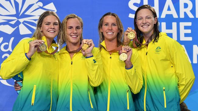 Shayna Jack, left, with Bronte Campbell, Emma McKeon and Cate Campbell at the Gold Coast Commonwealth Games. Picture: AAP