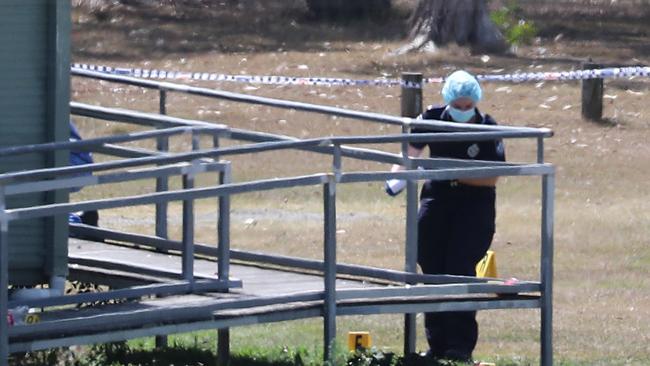 Police at the scene of the incident at O’Callaghan Park. Picture: Peter Wallis