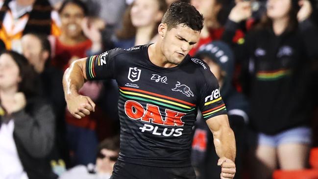 Nathan Cleary celebrates his clutch conversion for the Panthers. Picture: Getty Images