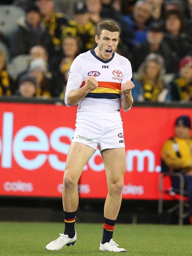 Seedsman celebrates his goal in the first quarter against Richmond in 2018. Picture: Michael Klein