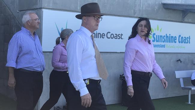 Premier Annastacia Palaszczuk and Sunshine Coast Mayor Mark Jamieson arrive at a media event for Labor's election promise of $20 million for upgrades to Sunshine Coast Stadium.