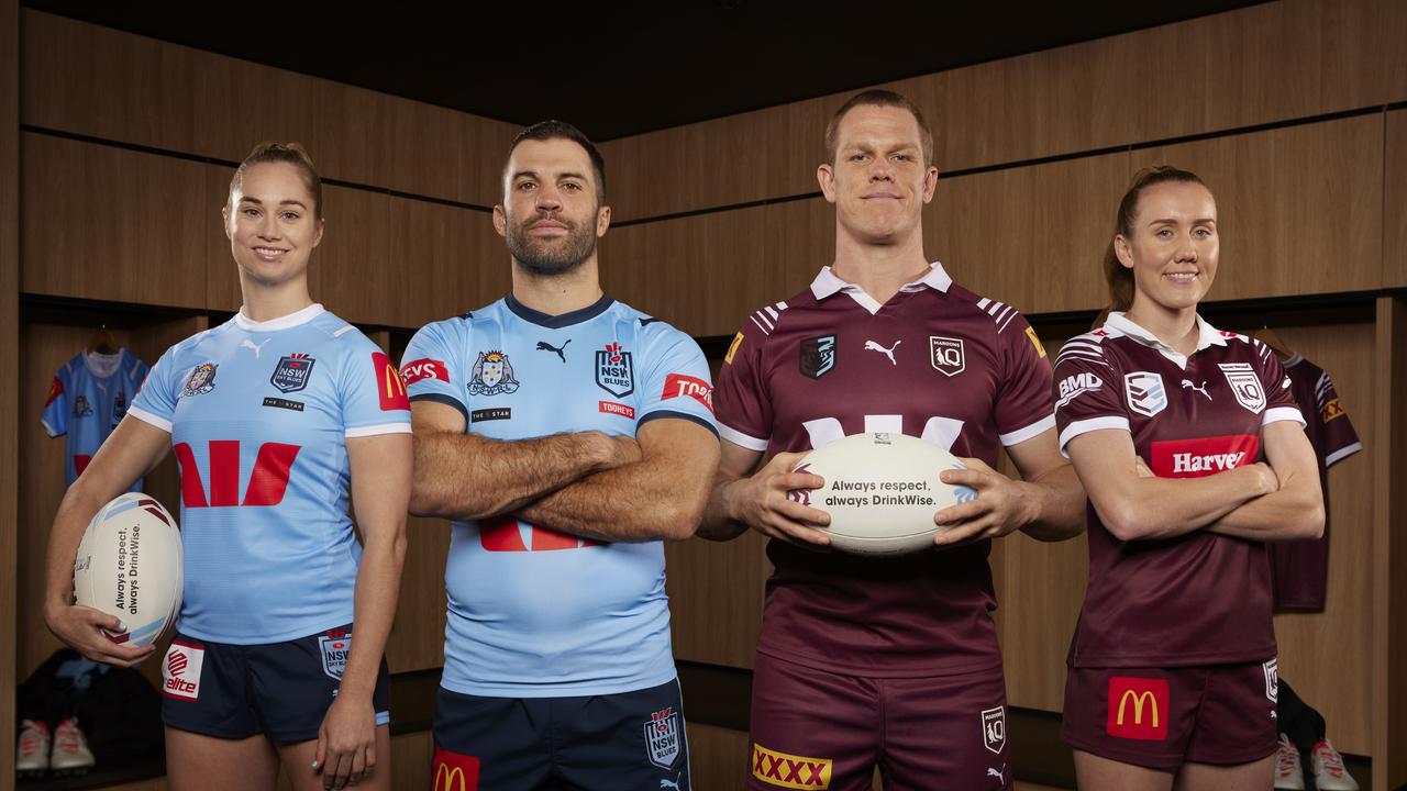 NSW Blues Stars Kezie Apps and James Tedesco with Queensland Maroons stars Lindsay Collins and Tamika Upton. All four have lent their names to a new DrinkWise campaign aiming to highlight the importance of moderating alcohol consumption ahead of Wednesday night. Picture: Supplied