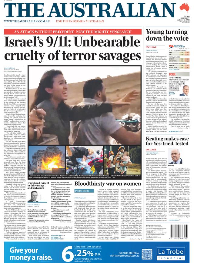 Noa Argamani on the front page of The Australian on Monday, October 9 2023.