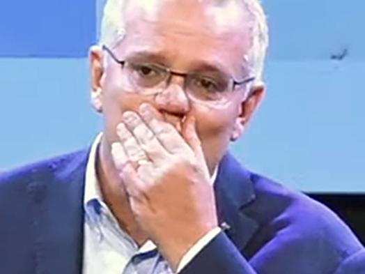 Scott Morrison tears up while addressing Horizon Church after his election defeat. Picture: YouTube/Horizon Church