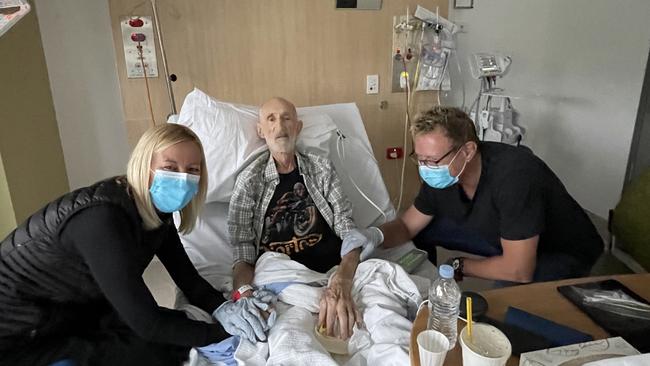 Mark Kilian and his wife Anneli Gericke with Frans Kilian, 80, seeing each other for the first time since landing in Australia 10 days ago. Picture: Supplied.