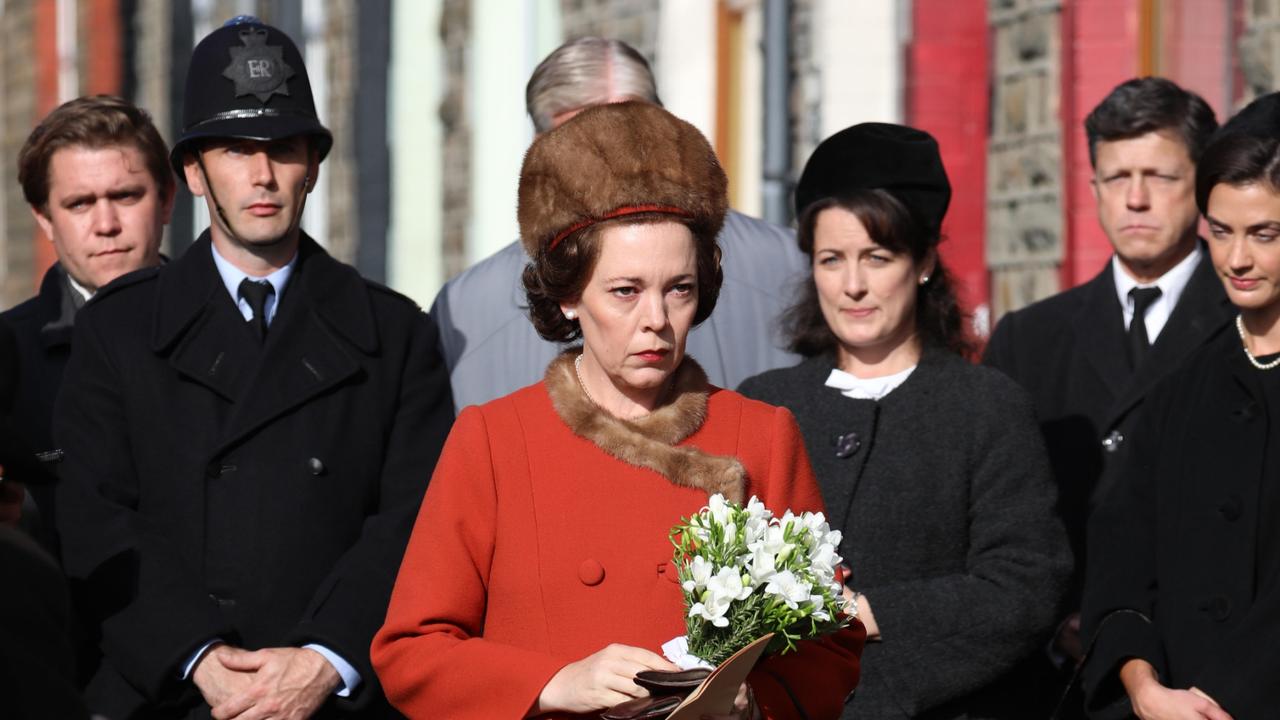 Colman as the Queen, recreating her visit to the site of the Aberfan disaster in 1966. Credit: WENN