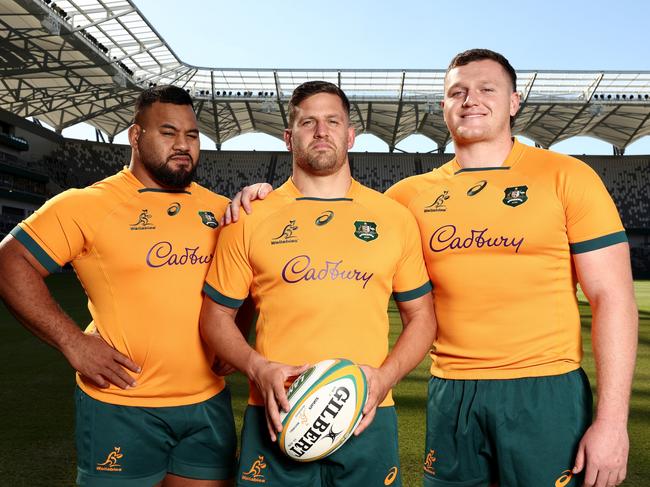 SYDNEY, AUSTRALIA - MAY 10:  (L-R) Taniela Tupou, David Porecki and Angus Bell of the Wallabies pose during a Wallabies media opportunity at CommBank Stadium on May 10, 2023 in Sydney, Australia. (Photo by Matt King/Getty Images for Rugby Australia)