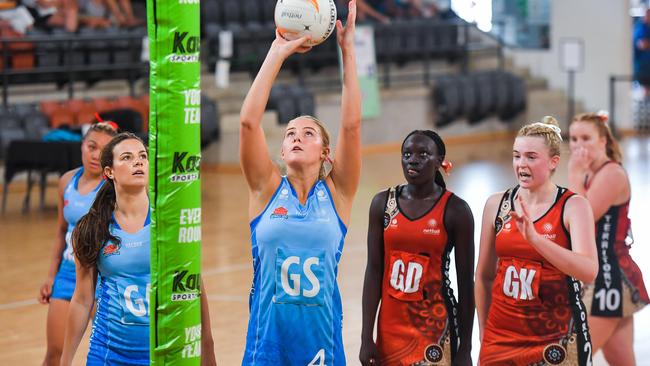 Millie Tonkin of NSW shoots for goal against the NT in the 2023 National Netball Championships. Picture: Pema Tamang Pakhrin