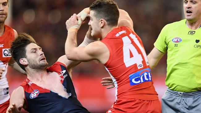 Tom Papley tackles Tom Bugg on Friday night. Picture: Getty Images