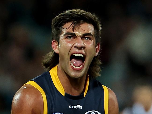 ADELAIDE, AUSTRALIA - APRIL 01: Josh Rachele of the Crows celebrates a goal during the 2023 AFL Round 03 match between the Port Adelaide Power and the Adelaide Crows at Adelaide Oval on April 1, 2023 in Adelaide, Australia. (Photo by James Elsby/AFL Photos via Getty Images)