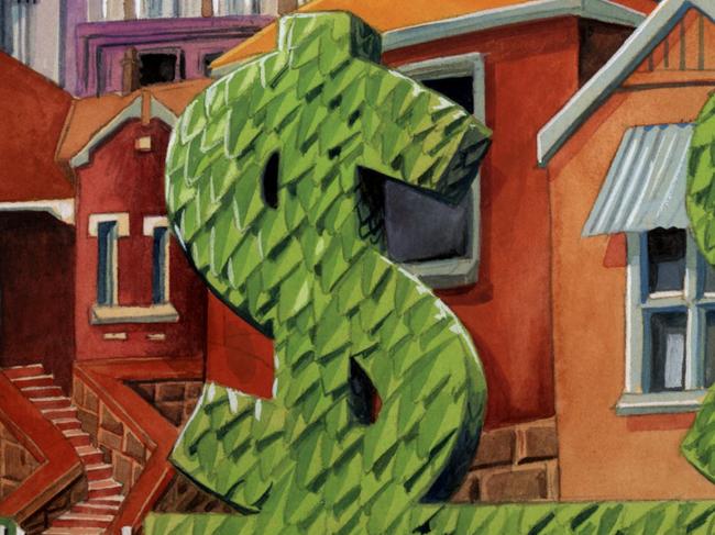 16/01/2004 LIBRARY: Property Illustration by John Tiedemann. Artwork. NSW Housing Real Estate Generic illustrations houses hedge trimming in shape of a dollar sign