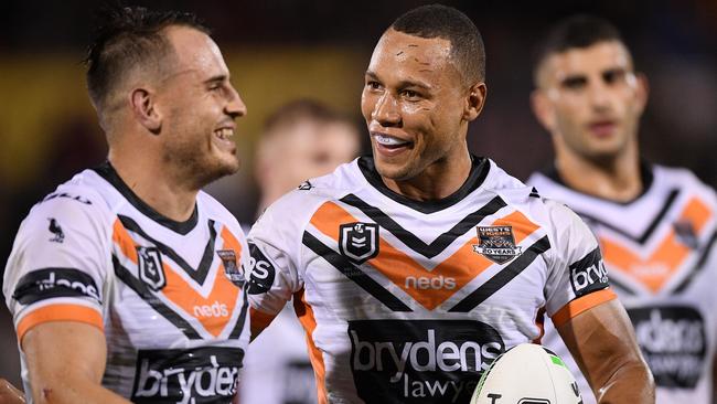 Wests Tigers stars Josh Reynolds (left) and Moses Mbye. The Tigers have had a mixed start to the season. Picture: AAP 