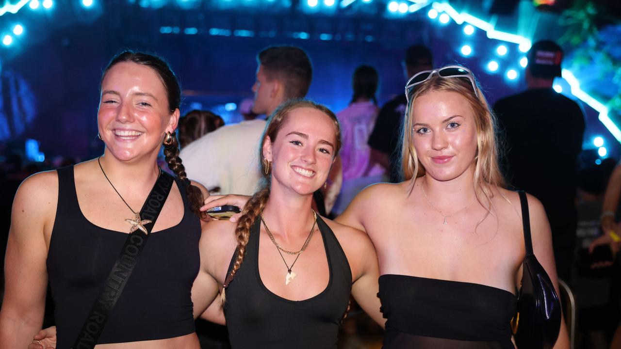 Katie Natt, Emily Bear and Adina Philpott at The Kid LAROI at HOTA Outdoor Stage for Gold Coast at Large. Picture, Portia Large.