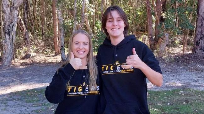 Injured Tigers Zoe Hastings and Lucy Grant.