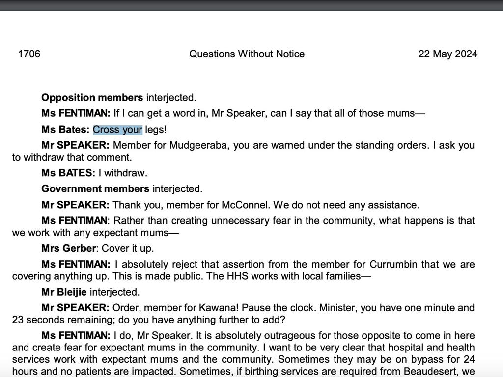 Parliamentary records show Ms Bates had said “cross your legs”.