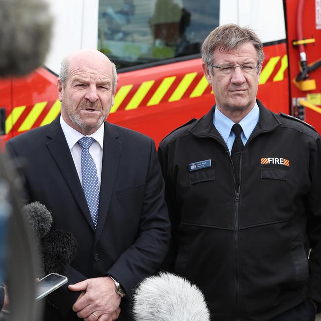 Minister for Police, Fire and Emergency Management Mark Shelton with Tasmania Fire Service Chief Officer Chris Arnol. Picture: LUKE BOWDEN