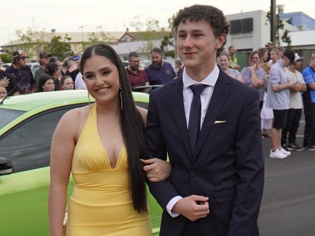 Claudia Di Marco and Bailey Miles arriving at the 2023 Kingaroy State High School formal.