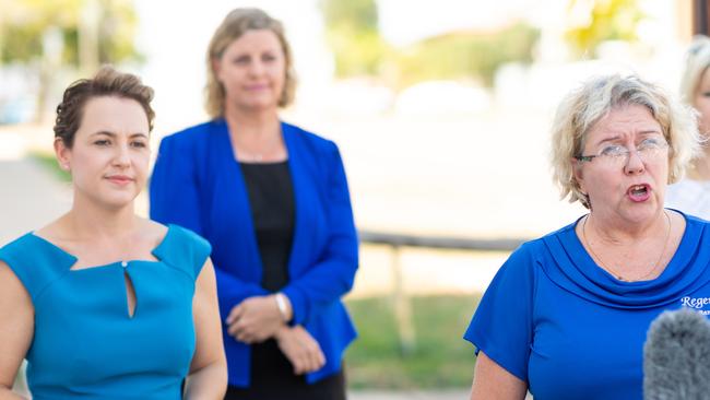 Jane Ward of Regency Bathrooms, right, who has experienced issues with her business related to the Home Improvement Scheme, pictured with Opposition Leader Lia Finocchiaroas, left, and CLP candidate for Brennan Marie-Clare Boothby. Picture: Che Chorley