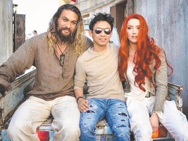 Leigh Whannell’s friend and collaborator James Wan (centre) is has moved on to directing blockbusters such as Aquaman with Jason Momoa and Amber Heard.