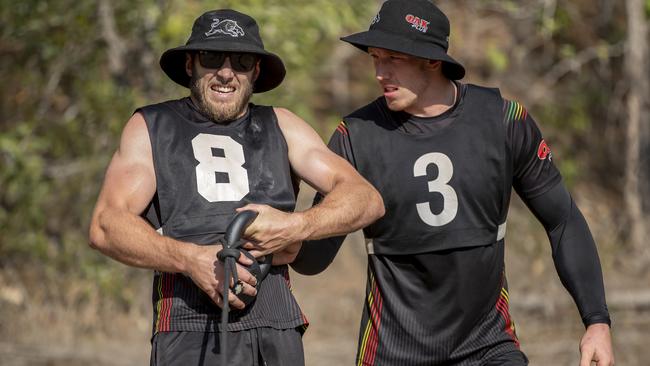 Kurt Capewell (8) takes on a challenge during Penrith’s pre-season camp.