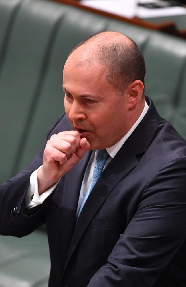 Mr Frydenberg has a coughing fit as he makes a ministerial statement to the House of Representatives at Parliament House in Canberra on May 12. Picture: Mick Tsikas/AAP Image